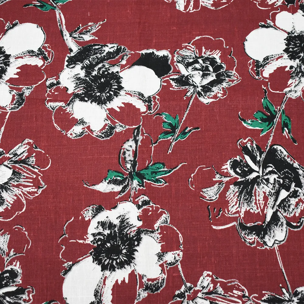 Red-Black-Green Floral Printed Linen Woven Fabric