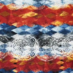 Red-Blue-Multi Diamond Medallion Pattern Printed Linen Woven Fabric