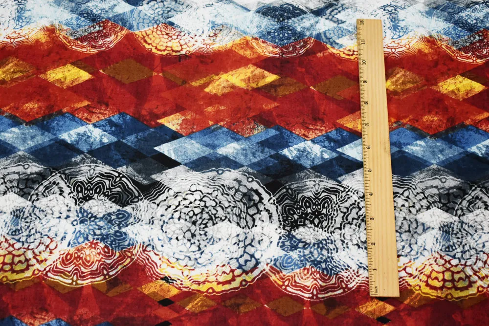 Red-Blue-Multi Diamond Medallion Pattern Printed Linen Woven Fabric