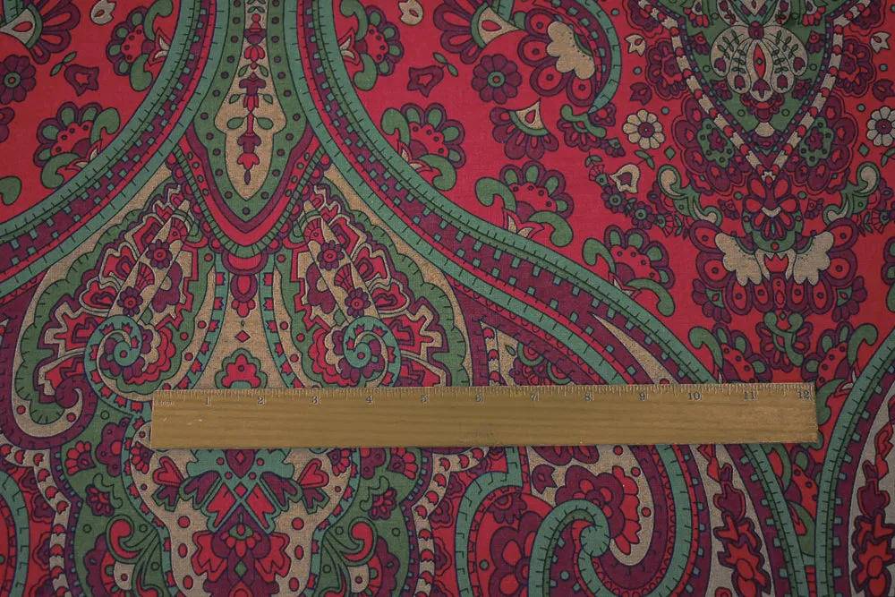 Red-Green-Multi Baroque Printed Linen Woven Fabric