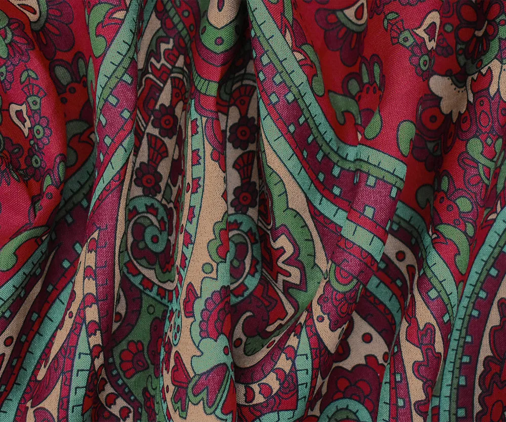 Red-Green-Multi Baroque Printed Linen Woven Fabric