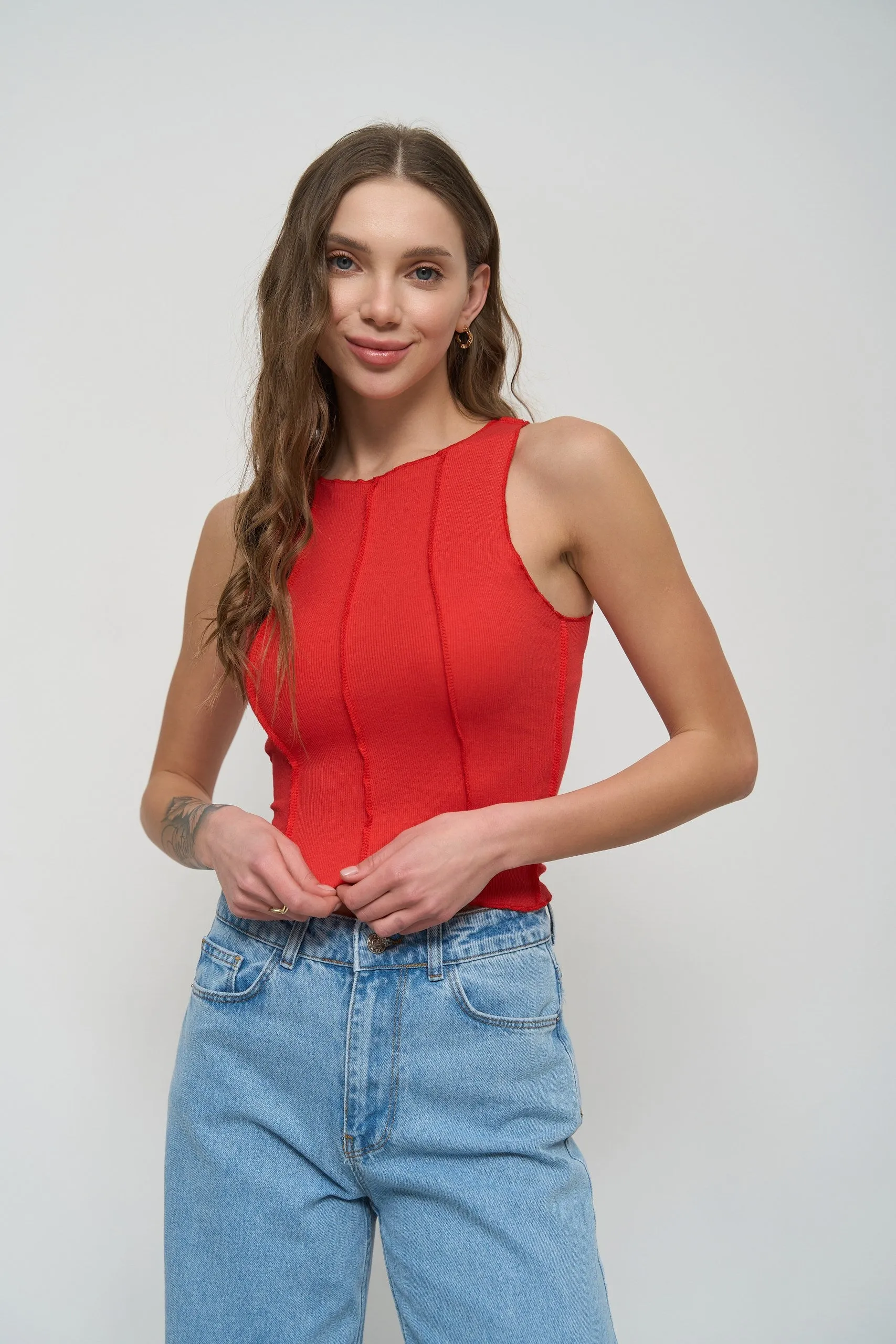 Red Ribbed Seam Detail Top