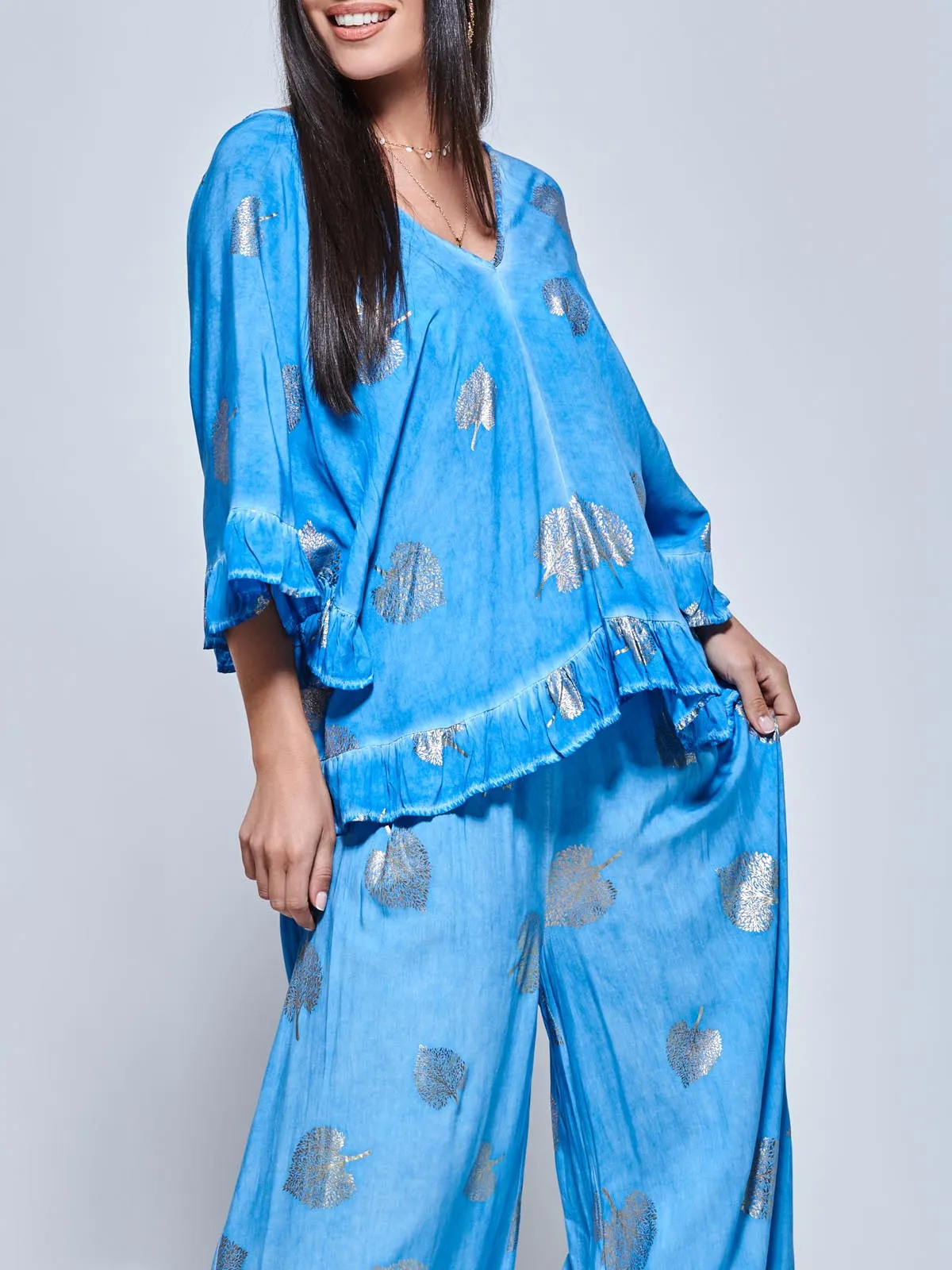 Ruffle Trim Kimono Sleeve Holiday Blouse, Blue Abstract