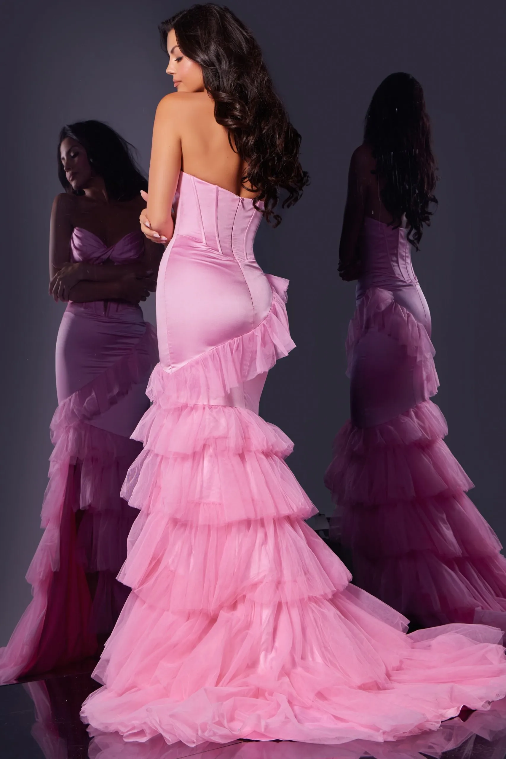 Ruffled Fitted Strapless Slit Gown by Jovani D5114