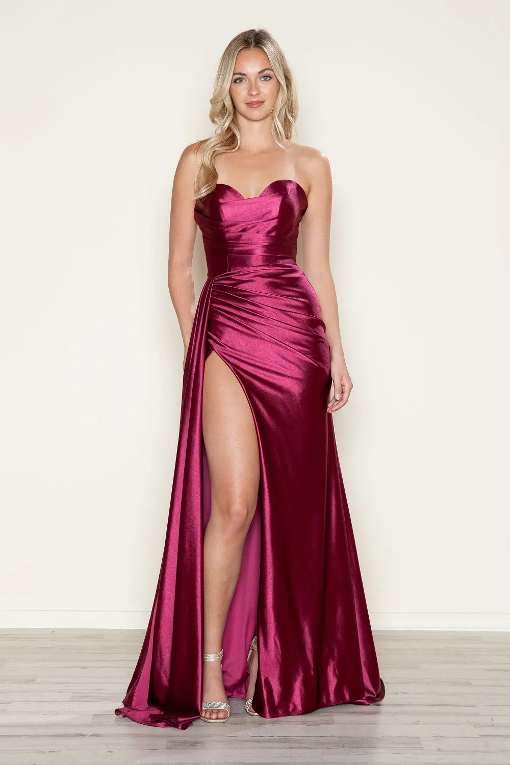 Satin Fitted Strapless Slit Gown by Poly USA 9734