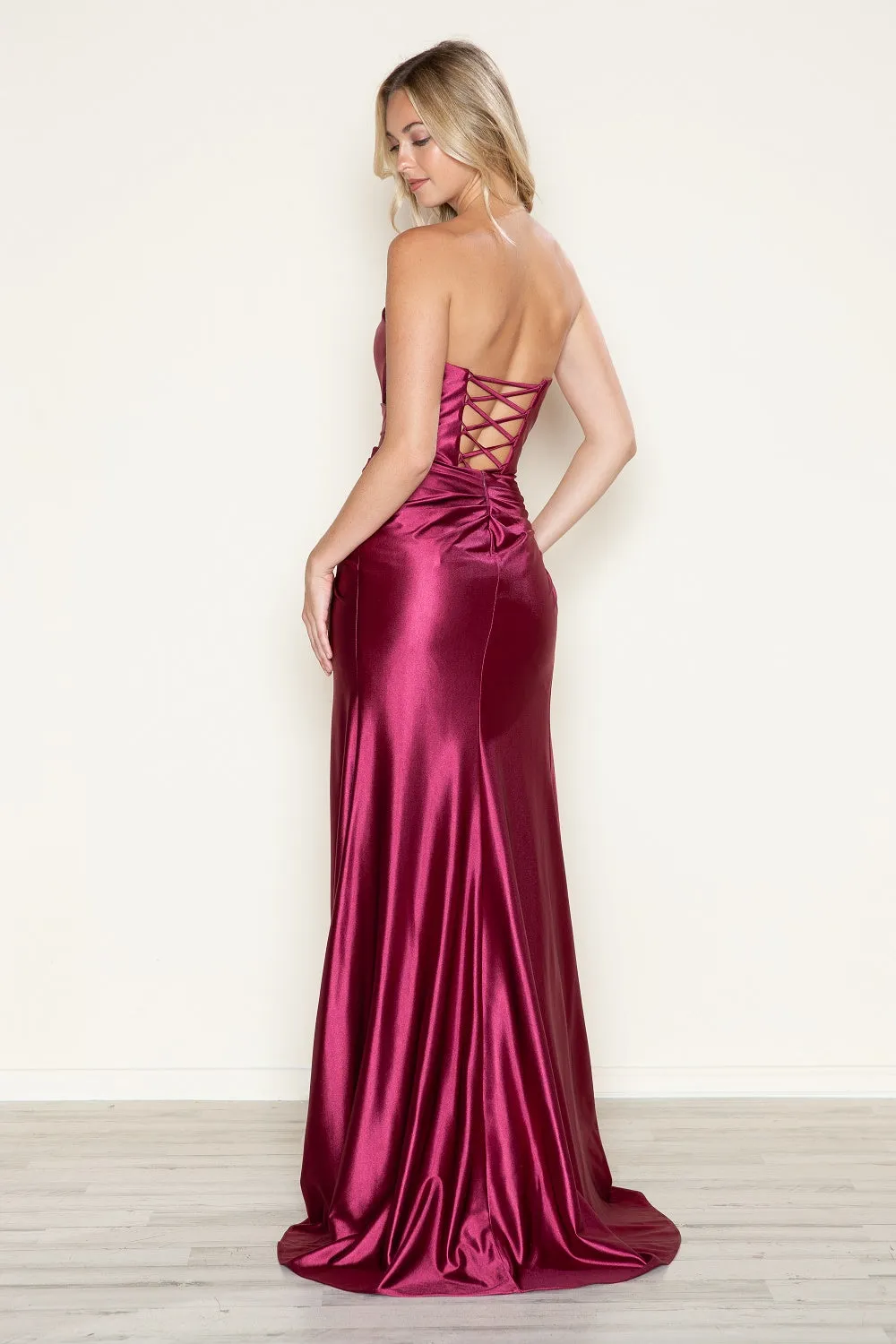 Satin Fitted Strapless Slit Gown by Poly USA 9734