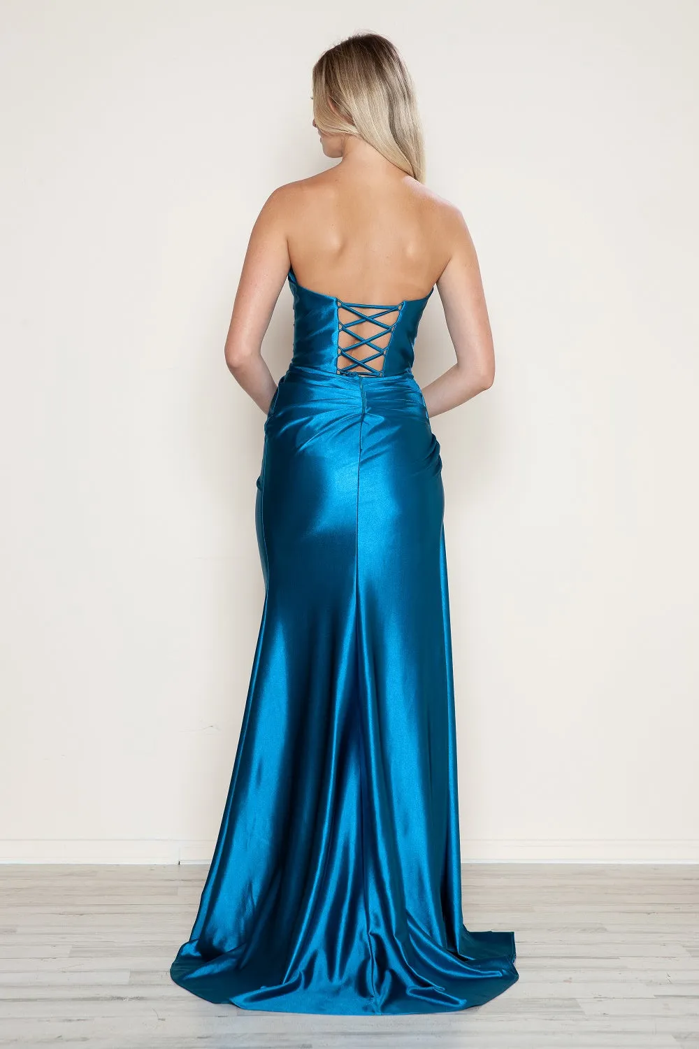 Satin Fitted Strapless Slit Gown by Poly USA 9734