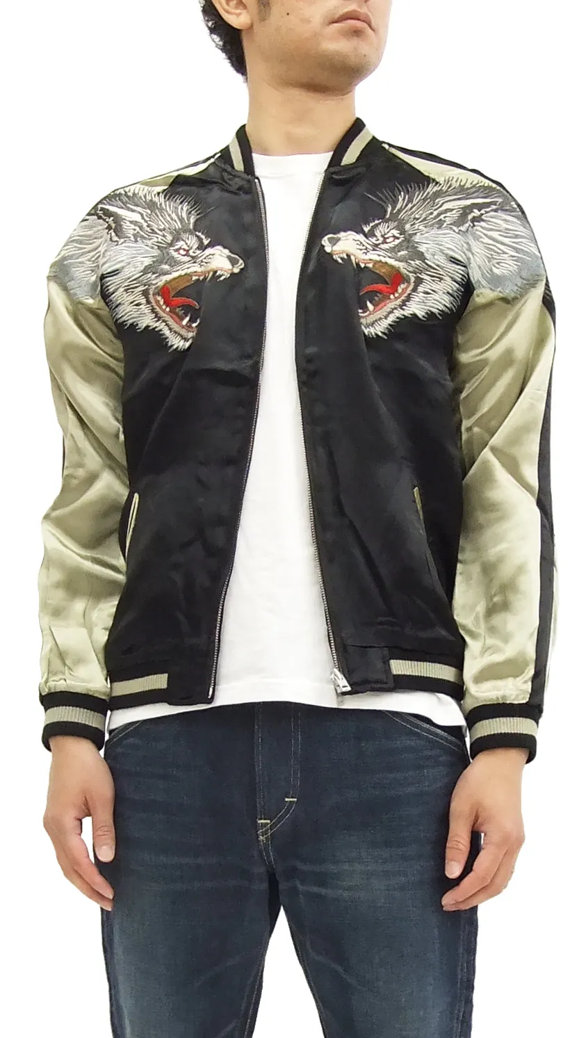 SATORI Japanese Souvenir Jacket Wolf Men's Sukajan GSJR-006 Black/Gold