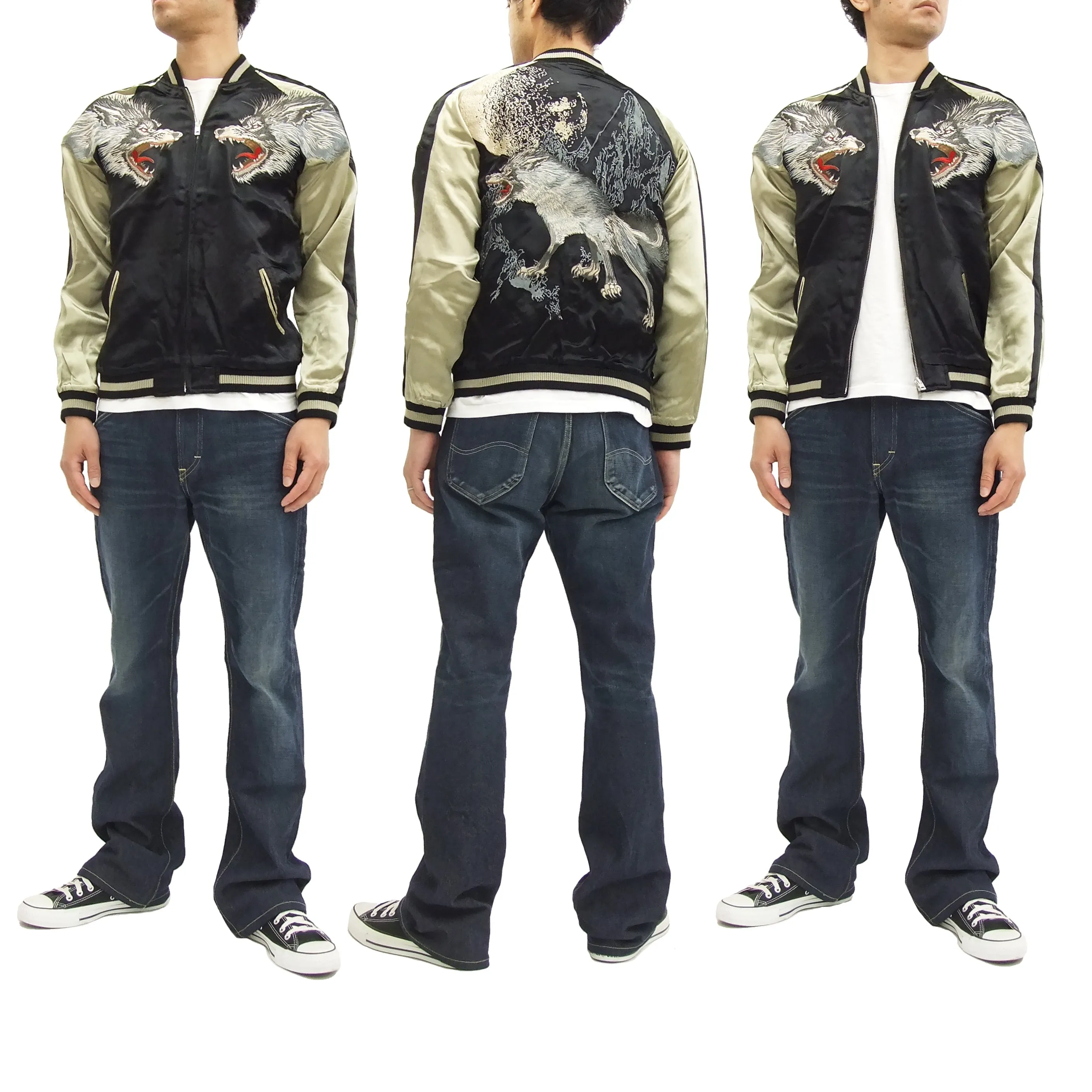 SATORI Japanese Souvenir Jacket Wolf Men's Sukajan GSJR-006 Black/Gold