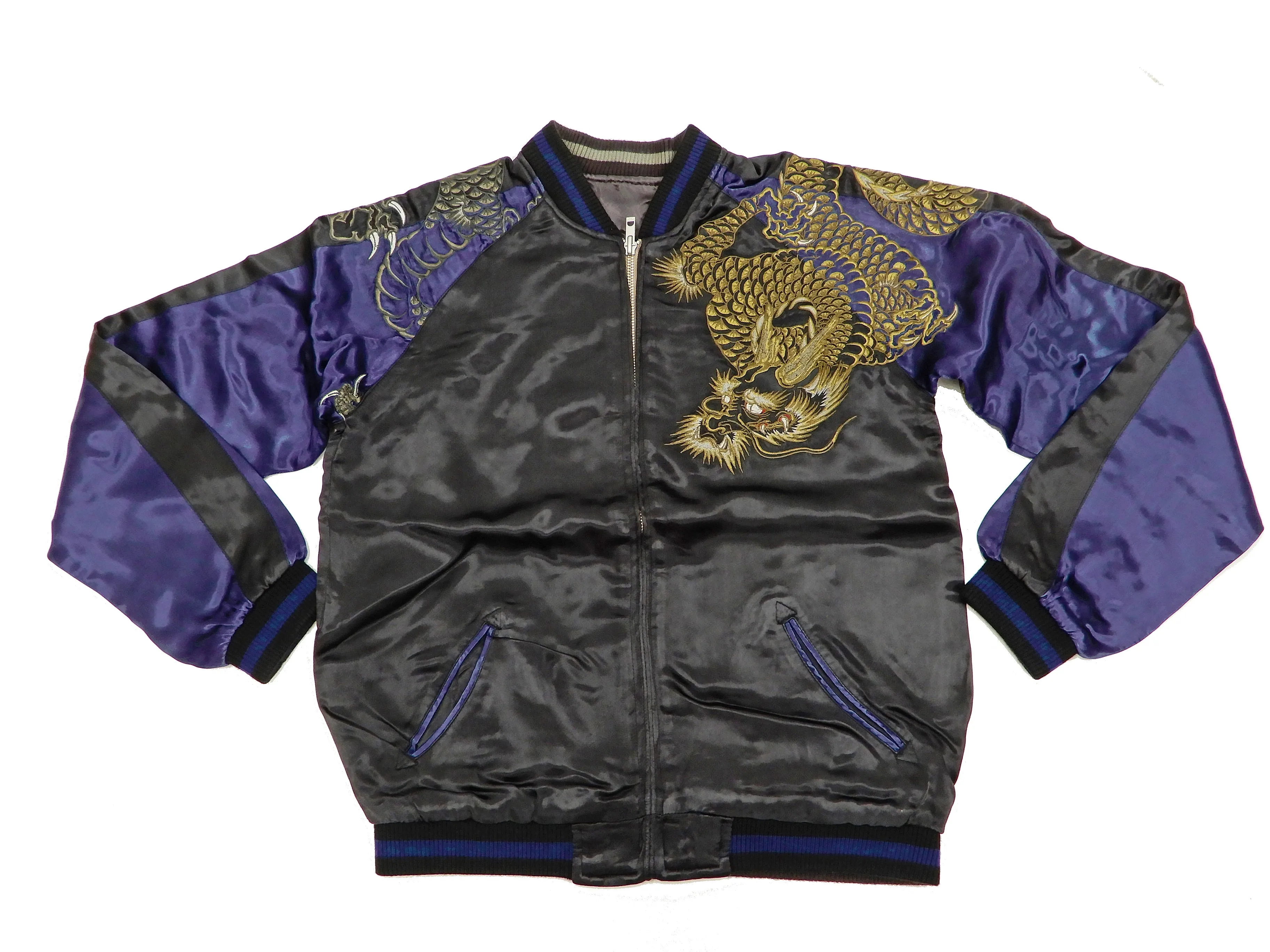 Satori Script Men's Japanese Souvenir Jacket Dragon Embroidered Sukajan GSJR-026 Black/Navy-Blue