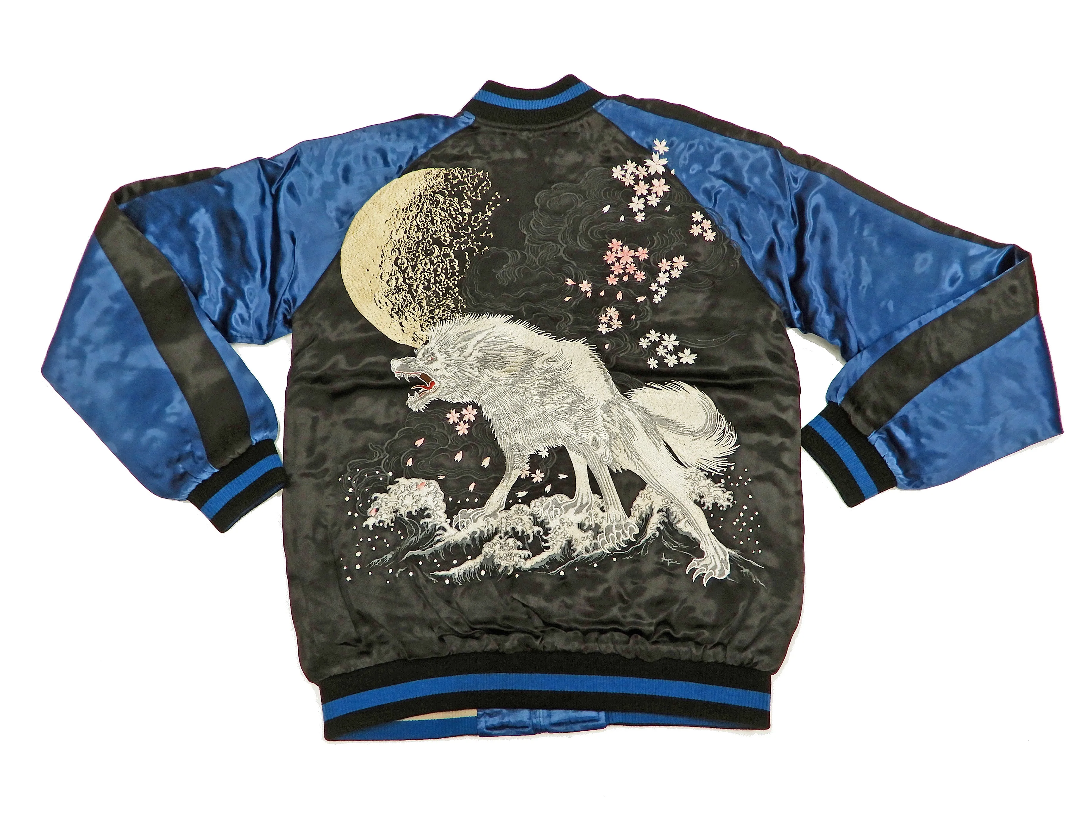 Satori Script Men's Japanese Souvenir Jacket Wolf with Moon Sukajan GSJR-025 Black/Dark-Blue