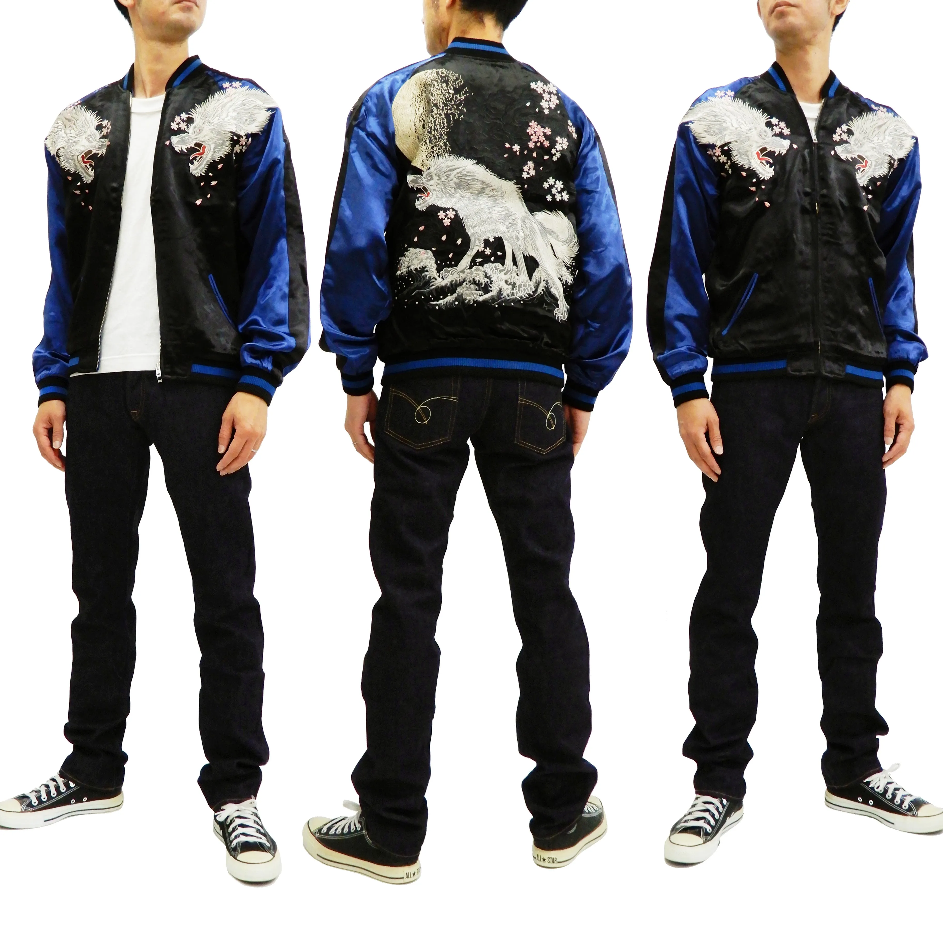 Satori Script Men's Japanese Souvenir Jacket Wolf with Moon Sukajan GSJR-025 Black/Dark-Blue