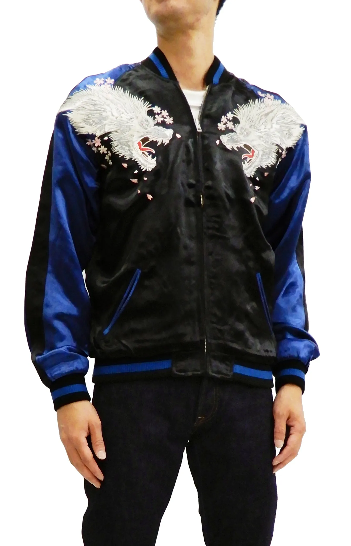 Satori Script Men's Japanese Souvenir Jacket Wolf with Moon Sukajan GSJR-025 Black/Dark-Blue