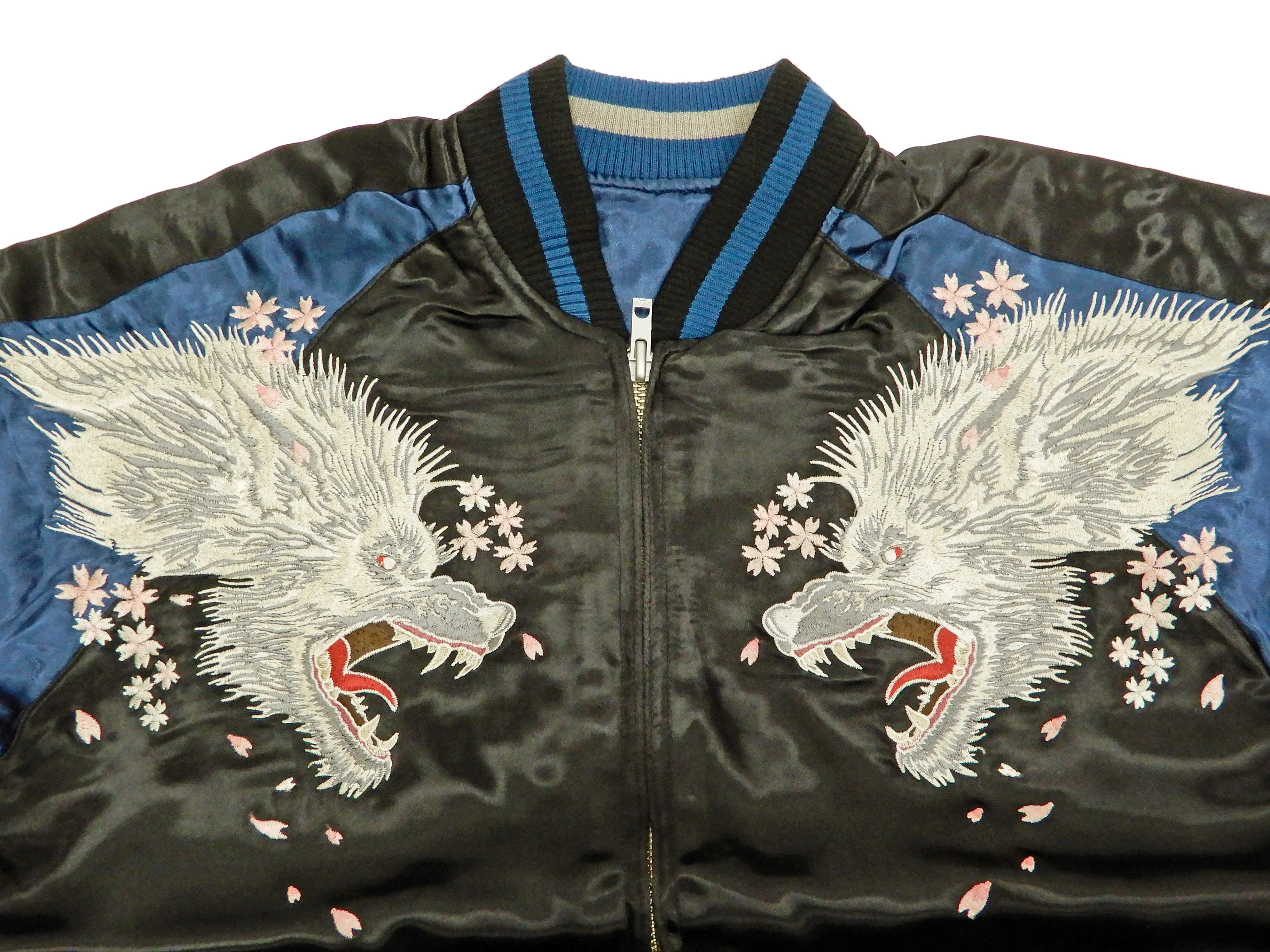 Satori Script Men's Japanese Souvenir Jacket Wolf with Moon Sukajan GSJR-025 Black/Dark-Blue