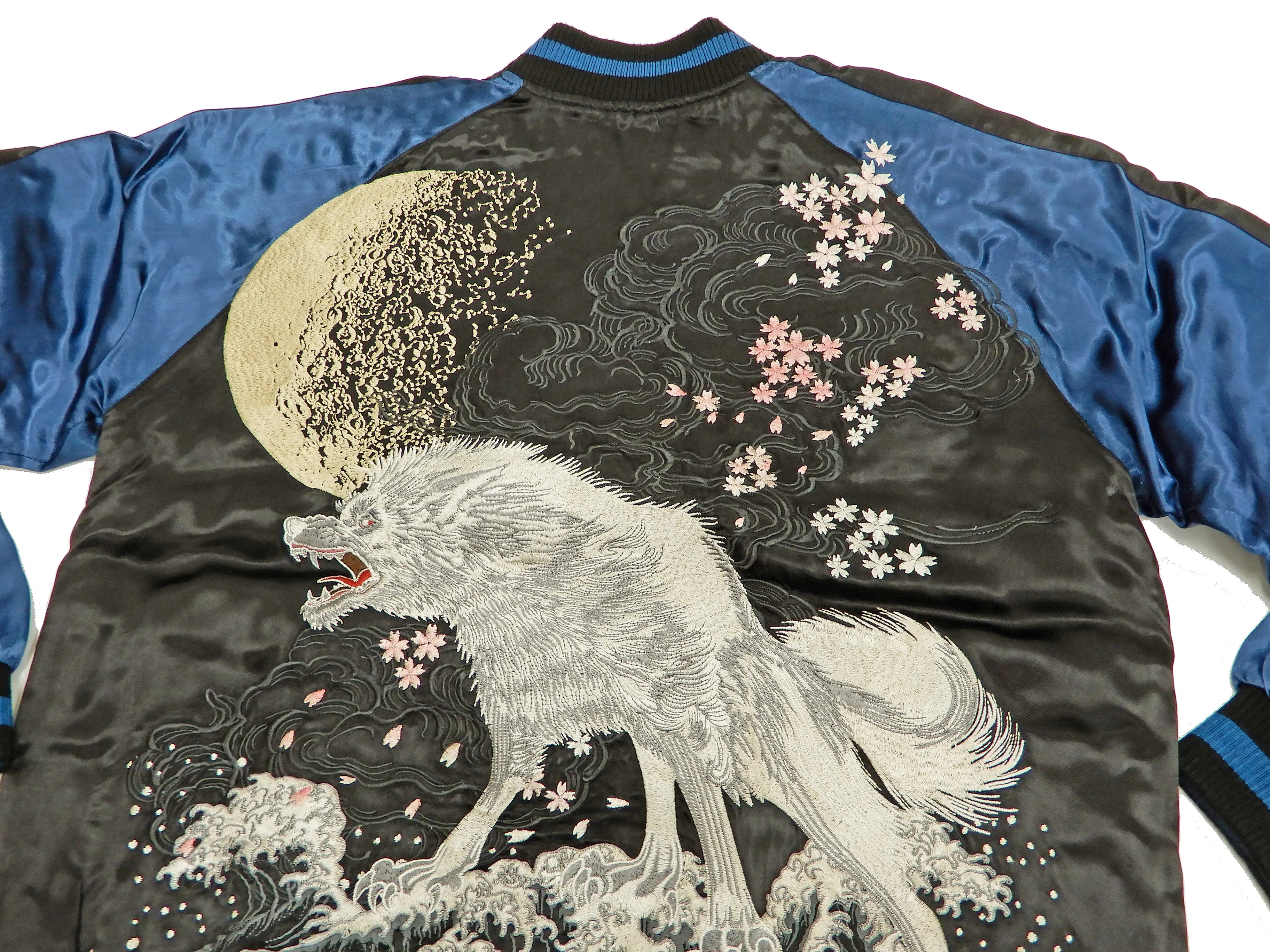 Satori Script Men's Japanese Souvenir Jacket Wolf with Moon Sukajan GSJR-025 Black/Dark-Blue