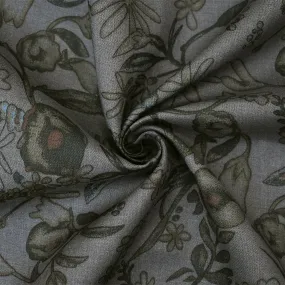 Shadow Gray-Brown-Multi Floral Printed Linen Woven Fabric