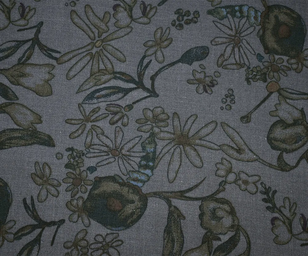 Shadow Gray-Brown-Multi Floral Printed Linen Woven Fabric