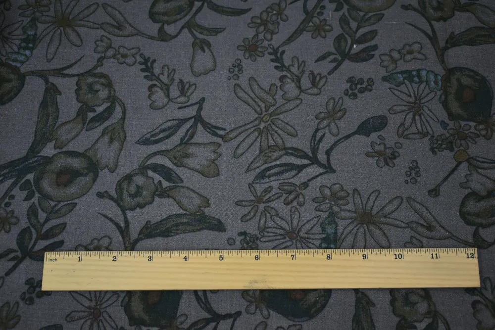 Shadow Gray-Brown-Multi Floral Printed Linen Woven Fabric