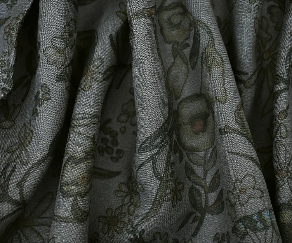 Shadow Gray-Brown-Multi Floral Printed Linen Woven Fabric