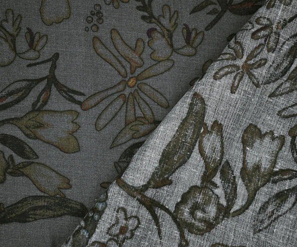 Shadow Gray-Brown-Multi Floral Printed Linen Woven Fabric