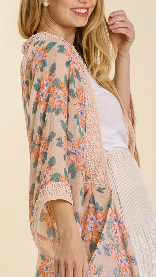 Sheer Floral   Crochet Trim Kimono