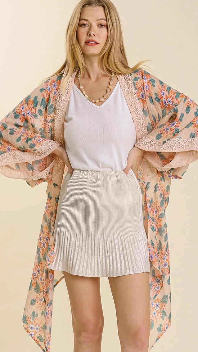 Sheer Floral   Crochet Trim Kimono