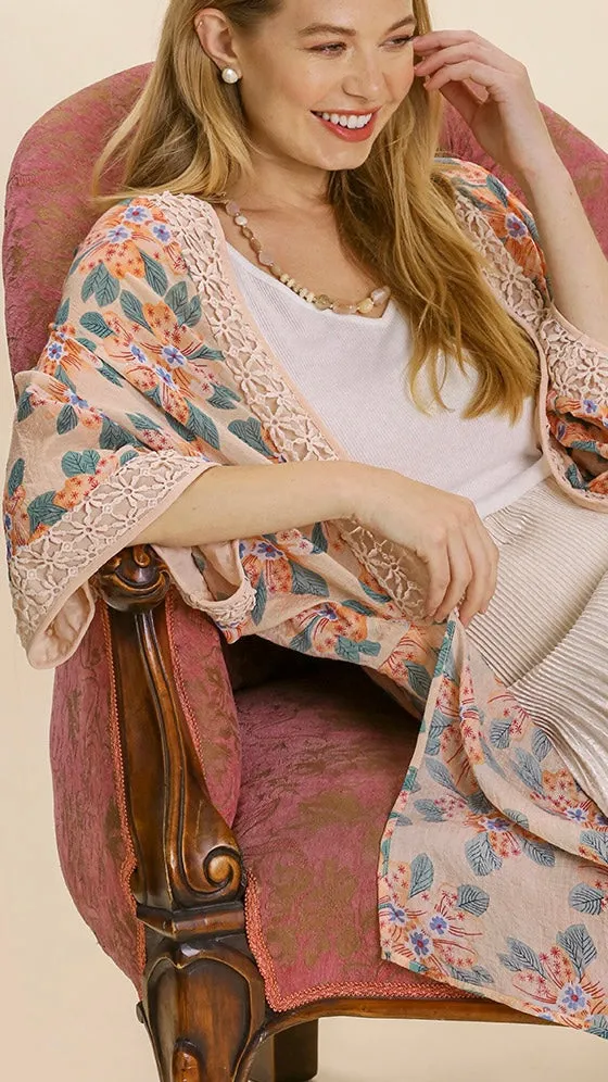 Sheer Floral   Crochet Trim Kimono