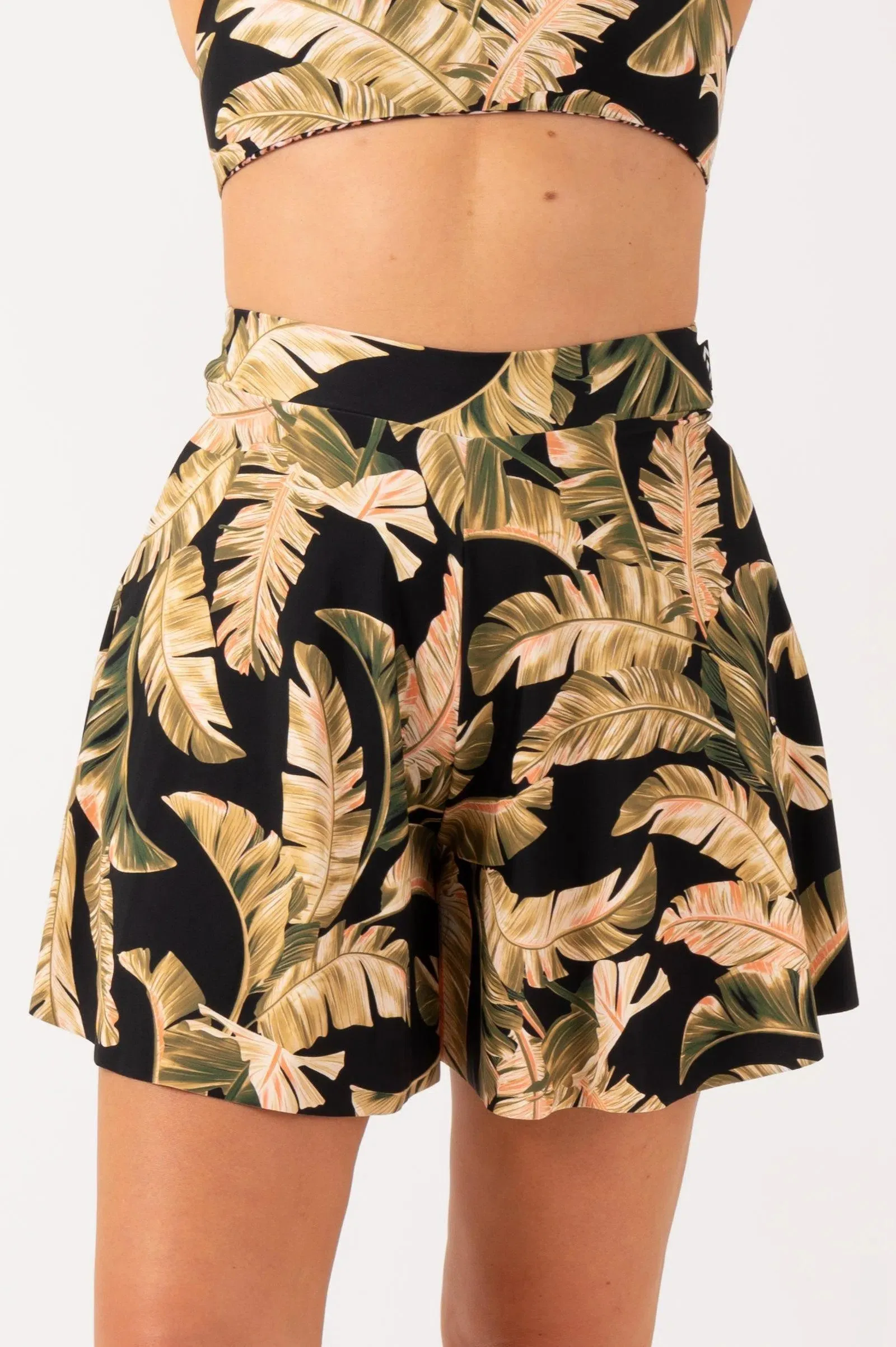 Silky Mini Palazzo Short - Black Tropical Leaf