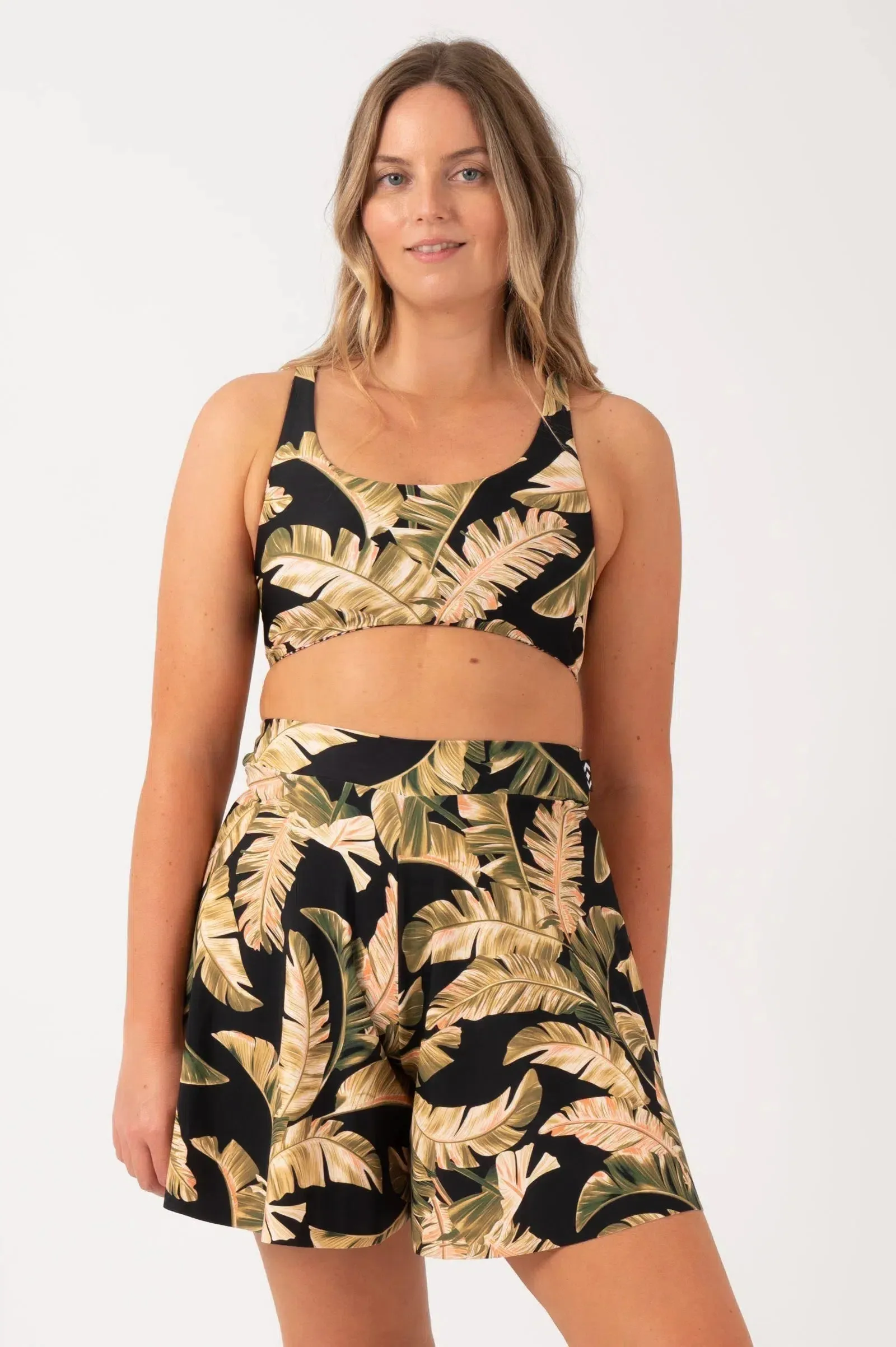 Silky Mini Palazzo Short - Black Tropical Leaf