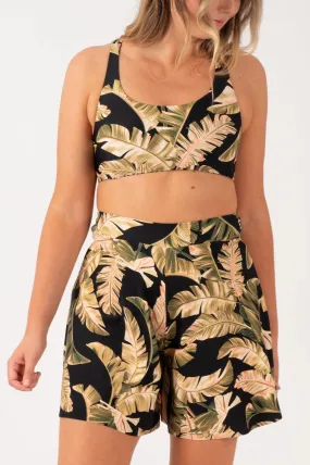 Silky Mini Palazzo Short - Black Tropical Leaf