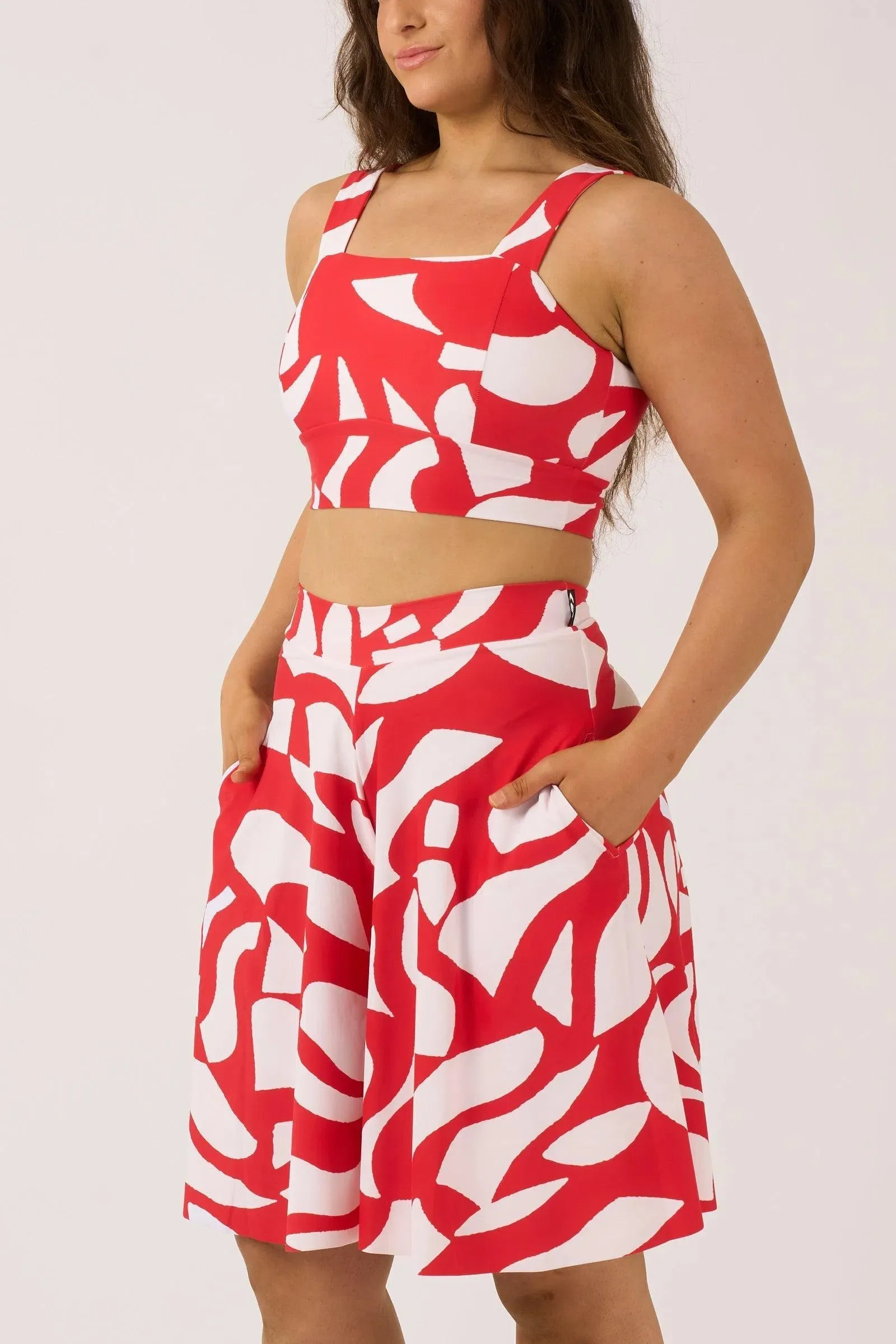 Silky Palazzo Short With Pocket - Red Geo Waves