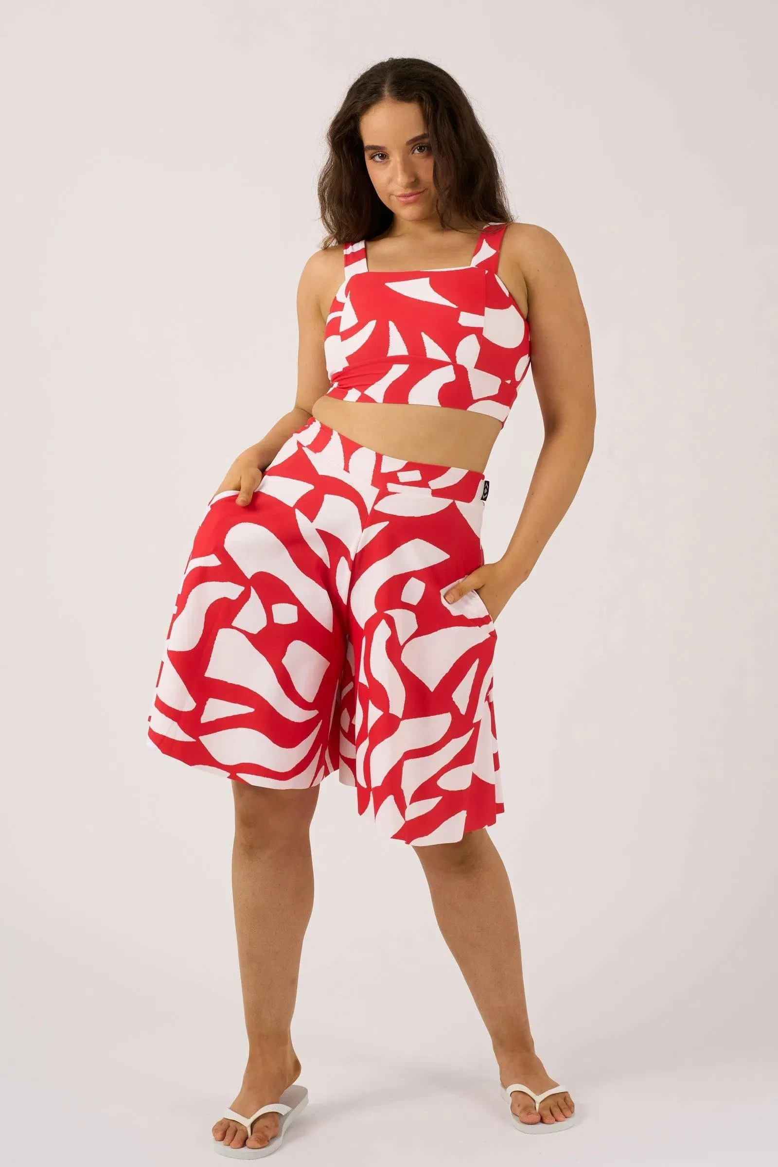 Silky Palazzo Short With Pocket - Red Geo Waves