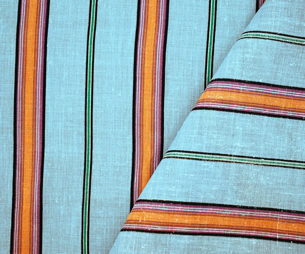 Sky Blue-Orange-Multi Stripe Printed Linen Woven Fabric