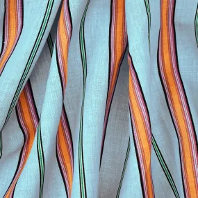 Sky Blue-Orange-Multi Stripe Printed Linen Woven Fabric