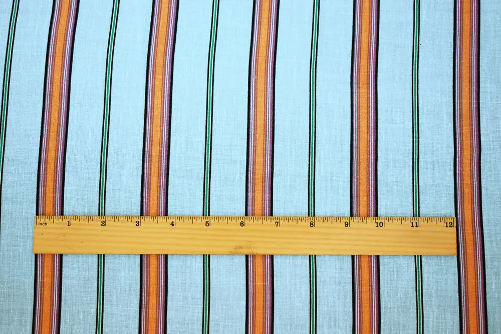 Sky Blue-Orange-Multi Stripe Printed Linen Woven Fabric