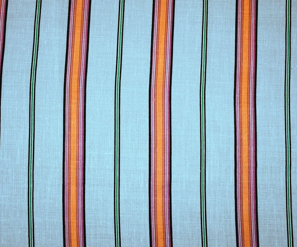 Sky Blue-Orange-Multi Stripe Printed Linen Woven Fabric