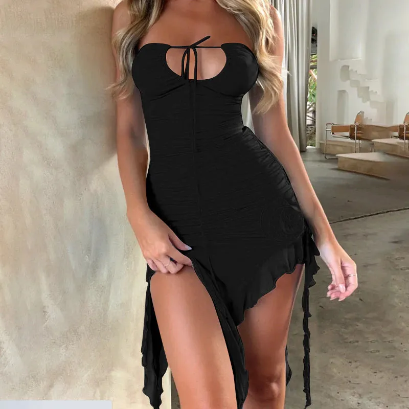 Strapless Ruffle Irregular Robe Lace-up Off-Shoulder Backless Mini Dress