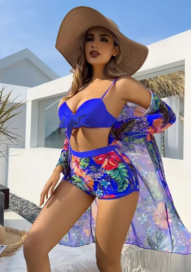 Tropical Print Underwire Bikini Swimsuit With Kimono Blue