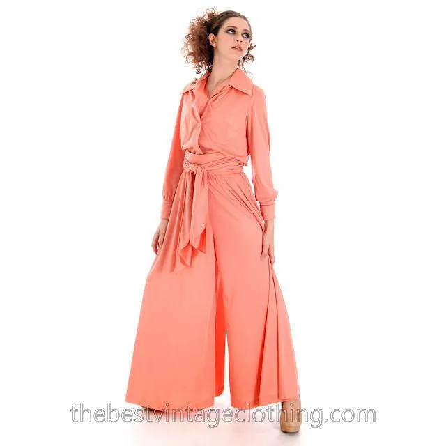 Vintage Jeremy Alan Phillips Palazzo Pants Outfit Peach Polyester Knit  1970s Small- Med