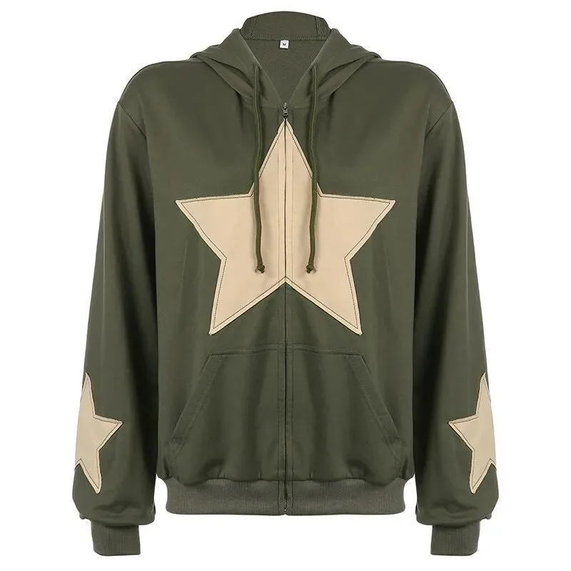 Vintage Star Appliques Oversized Zip Up Coat