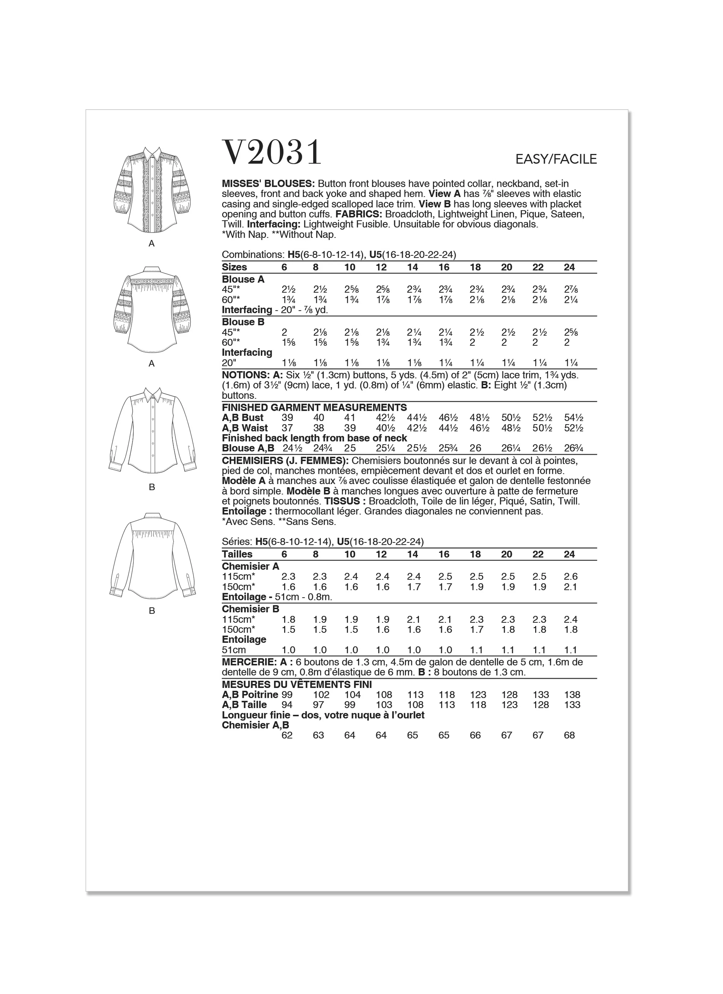 Vogue sewing pattern 2031 Blouses