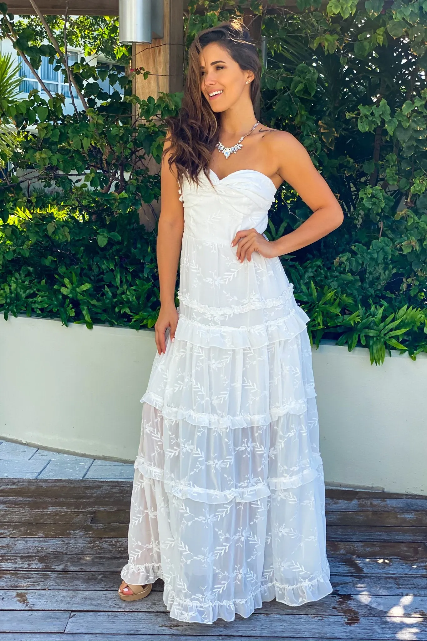 White Strapless Ruffled Maxi Dress