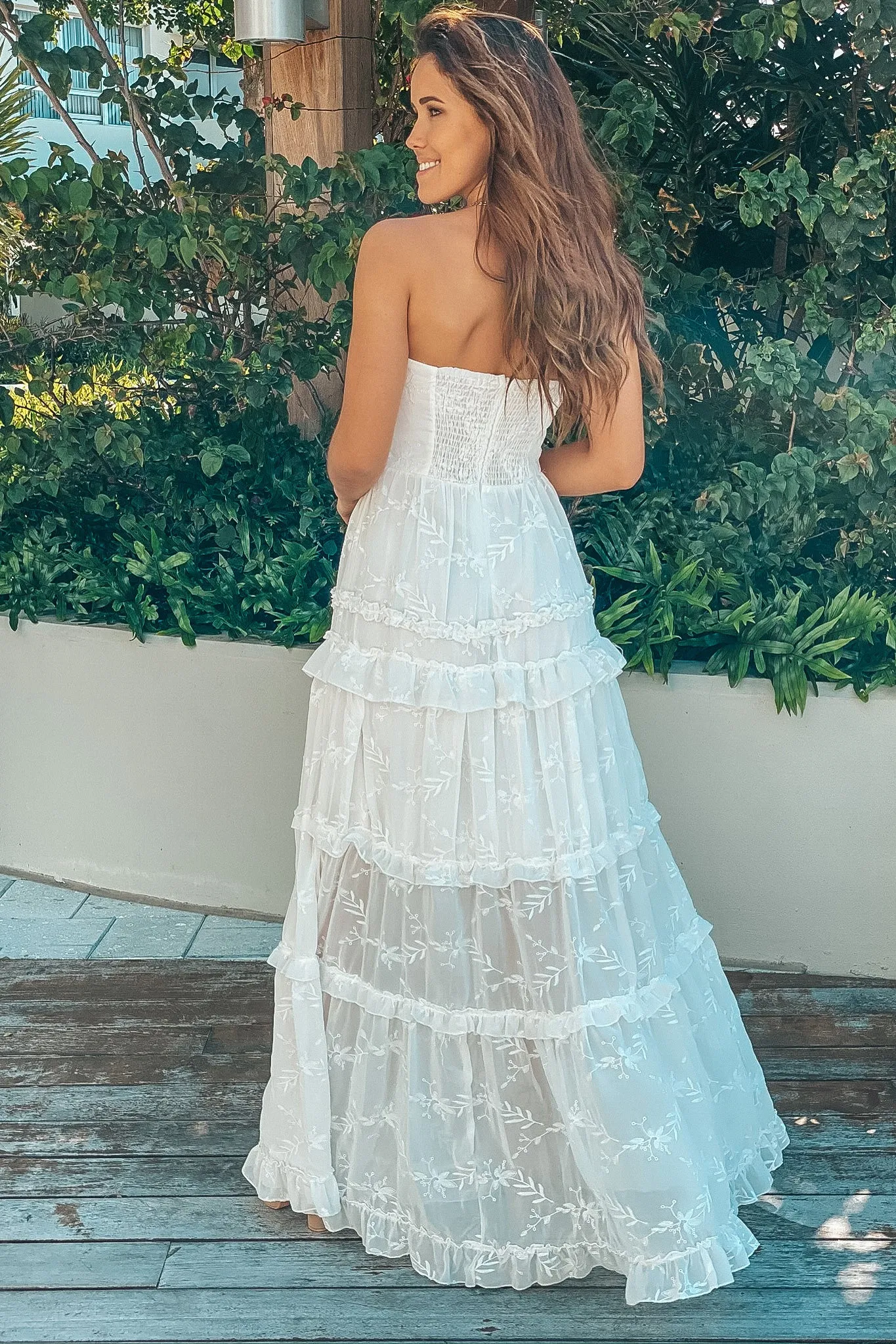 White Strapless Ruffled Maxi Dress