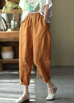 Women Caramel High Waist Solid Color Linen Harem Pants Summer