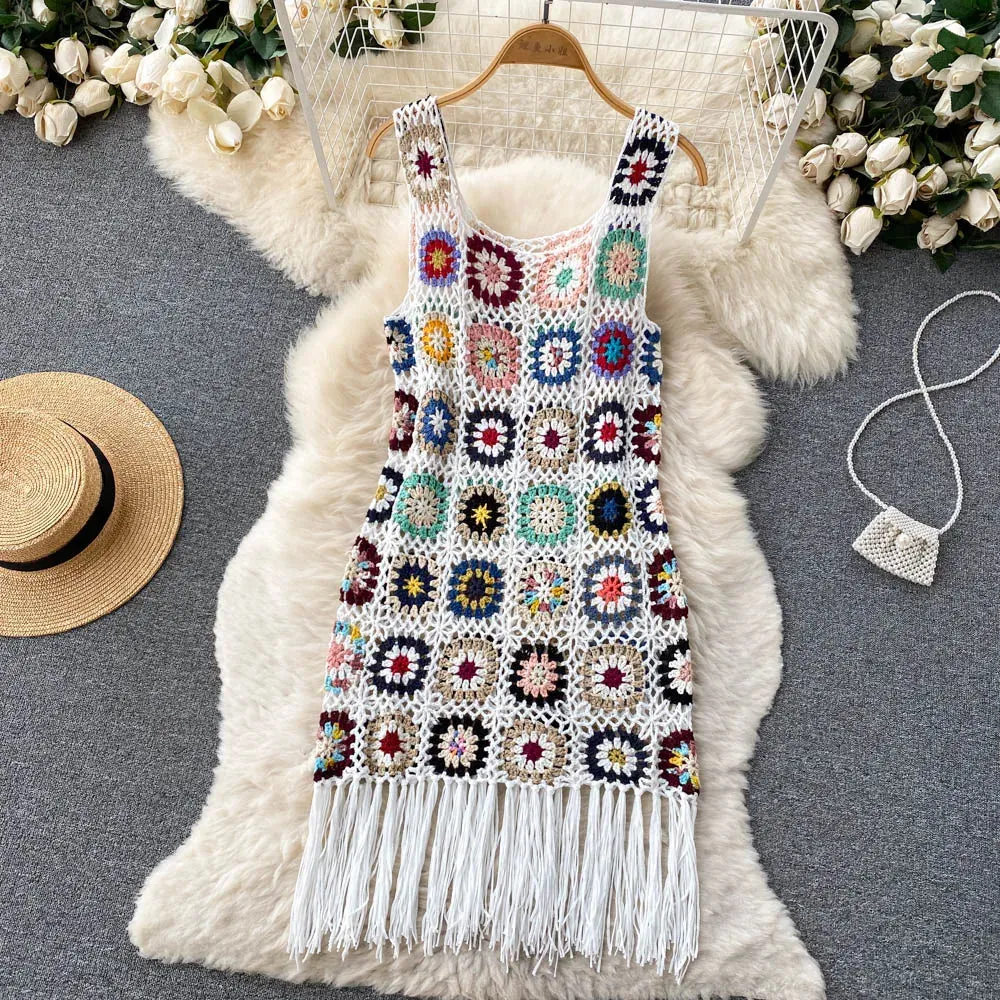 Women Granny Square Crochet Tassel Sleeveless Cover Up Dress