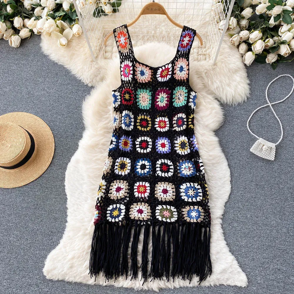 Women Granny Square Crochet Tassel Sleeveless Cover Up Dress