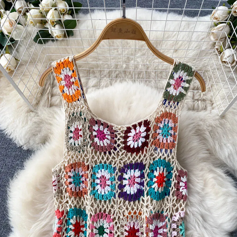 Women Granny Square Crochet Tassel Sleeveless Cover Up Dress