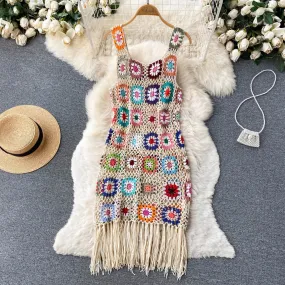 Women Granny Square Crochet Tassel Sleeveless Cover Up Dress