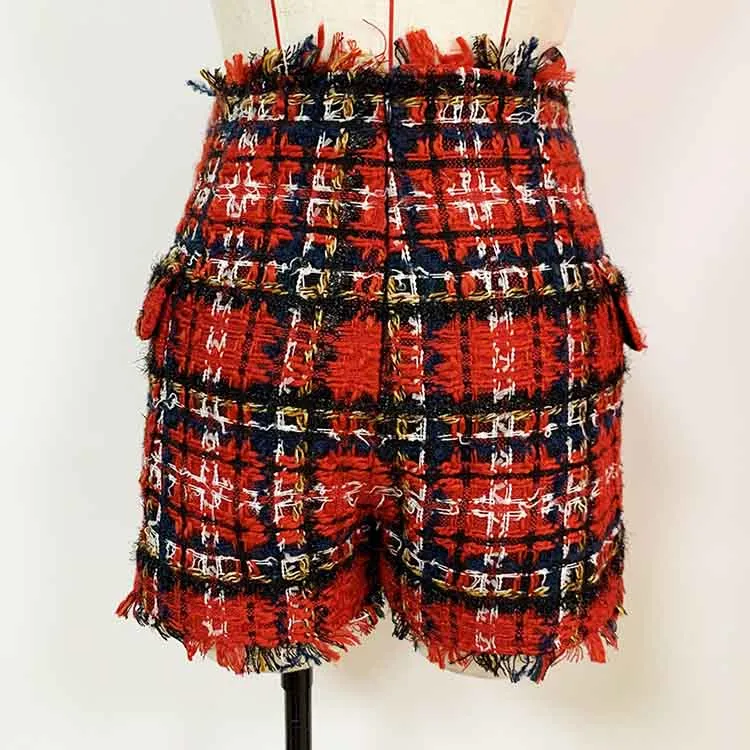 Women Houndstooth Check Shorts Gold-tone Mini Tweed High Waisted Shorts