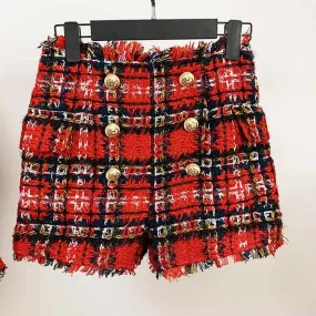 Women Houndstooth Check Shorts Gold-tone Mini Tweed High Waisted Shorts